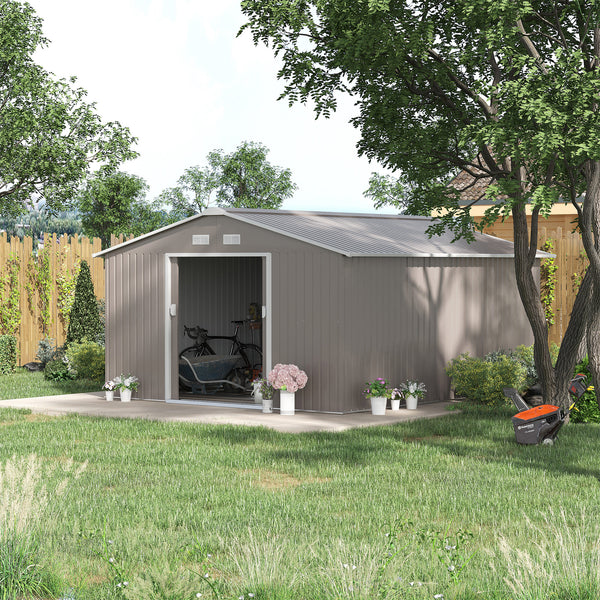 Outsunny 11' x 13' Outdoor Storage Shed, Garden Tool Metal Shed with Foundation Kit, Double Lockable Door, Air Vents and Sloping Roof, for Backyard, Patio, Lawn, Light Gray