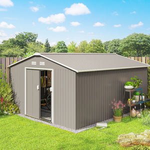 11' x 13' Garden Storage Shed with Foundation Kit, Metal Tool Storage House with Double Doors for Outdoor Patio Yard, Light Grey