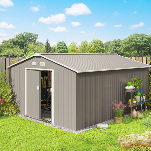 11' x 13' Garden Storage Shed with Foundation Kit, Metal Tool Storage House with Double Doors for Outdoor Patio Yard, Light Grey