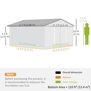 11' x 13' Garden Storage Shed with Foundation Kit, Metal Tool Storage House with Double Doors for Outdoor Patio Yard, Light Grey