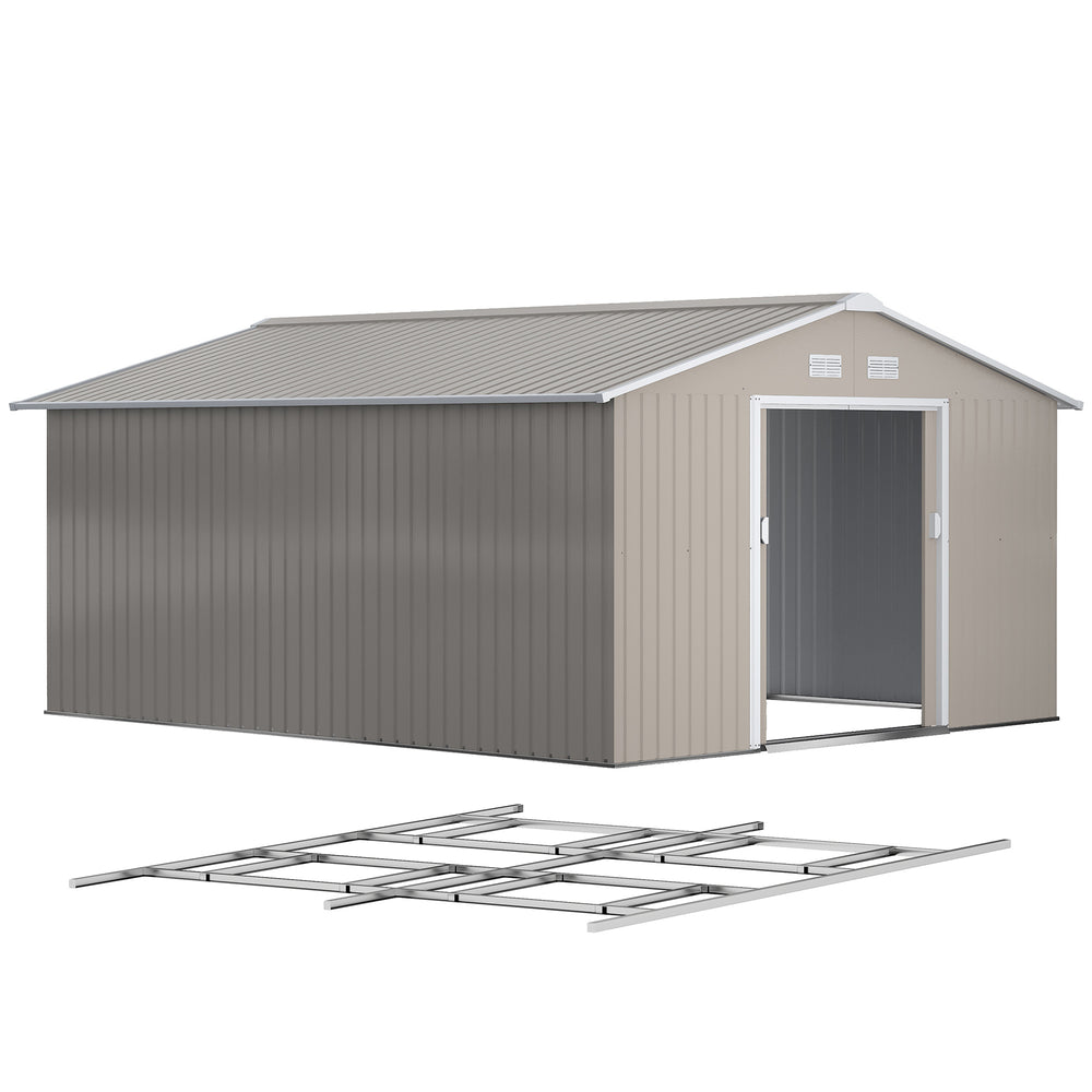 11' x 13' Garden Storage Shed with Foundation Kit, Metal Tool Storage House with Double Doors for Outdoor Patio Yard, Light Grey