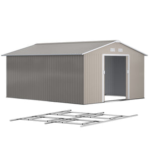 11' x 13' Garden Storage Shed with Foundation Kit, Metal Tool Storage House with Double Doors for Outdoor Patio Yard, Light Grey