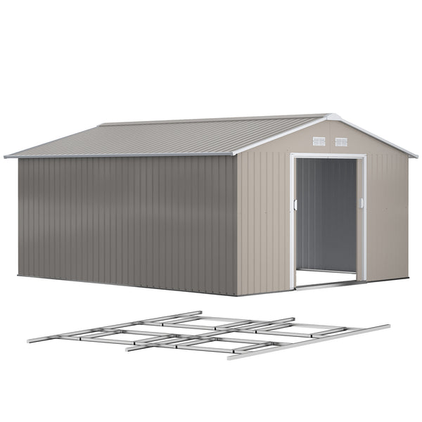 11' x 13' Garden Storage Shed with Foundation Kit, Metal Tool Storage House with Double Doors for Outdoor Patio Yard, Light Grey
