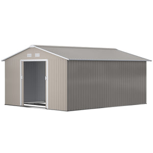 11' x 13' Garden Storage Shed with Foundation Kit, Metal Tool Storage House with Double Doors for Outdoor Patio Yard, Light Grey