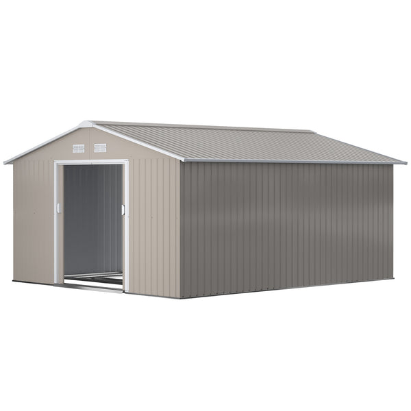 11' x 13' Garden Storage Shed with Foundation Kit, Metal Tool Storage House with Double Doors for Outdoor Patio Yard, Light Grey