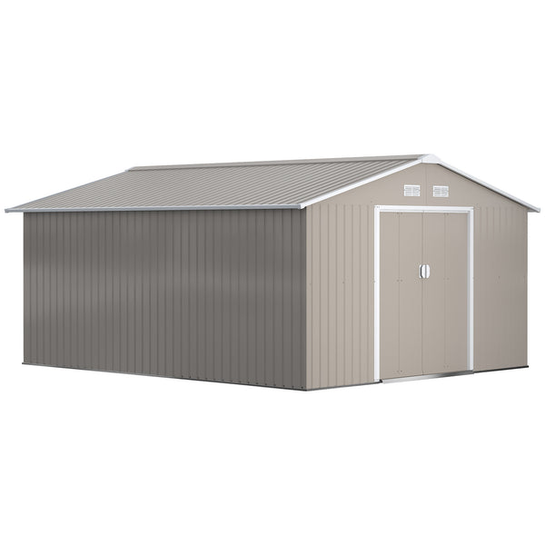 11' x 13' Garden Storage Shed with Foundation Kit, Metal Tool Storage House with Double Doors for Outdoor Patio Yard, Light Grey