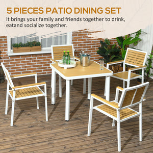 Outsunny 5 Piece Patio Dining Set for 4 with Umbrella Hole, Waterproof HDPE Outdoor Table and Chairs, Aluminum Frame Dining Furniture Set, Yellow