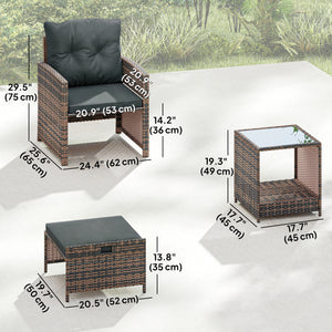 5 Piece Patio Furniture Set, Wicker Patio Chairs with Ottomans, 2-Tier Glass Coffee Table, Cushions, Outdoor Patio Furniture Conversation Set for Balcony, Brown/Dark Grey