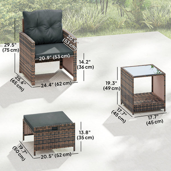5 Piece Patio Furniture Set, Wicker Patio Chairs with Ottomans, 2-Tier Glass Coffee Table, Cushions, Outdoor Patio Furniture Conversation Set for Balcony, Brown/Dark Grey