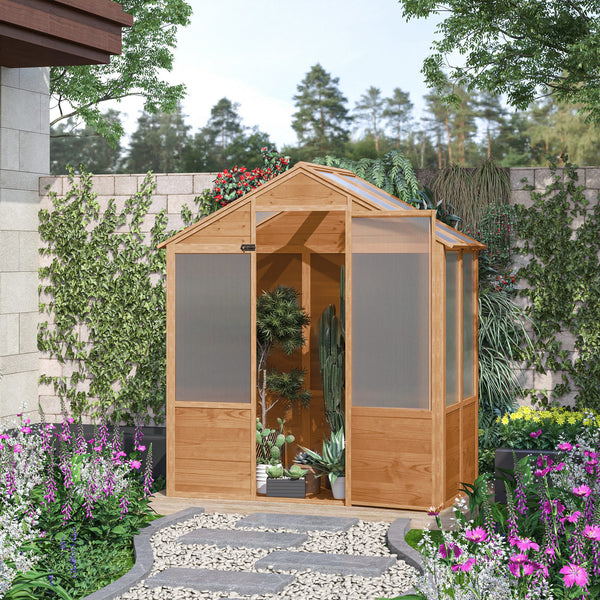 Outsunny 6' x 4' x 7' Polycarbonate Greenhouse, Walk-in Hot House Kit, Hobby Greenhouse with Lockable Door, Level 5 Wind Resistant Wooden Frame, Rustic Brown