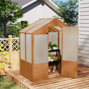 Outsunny 6' x 4' x 7' Polycarbonate Greenhouse, Walk-in Hot House Kit, Hobby Greenhouse with Lockable Door, Level 5 Wind Resistant Wooden Frame, Rustic Brown