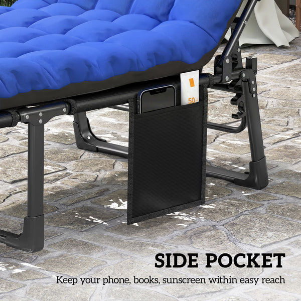 Lounge Chair Outdoor Set of 2, 75 cm Wide Folding Chaise Lounge Tanning Chair, 5-Position Beach Patio Lounger Camping Cot Bed with Cushion, Side Pocket, Dark Grey/Blue