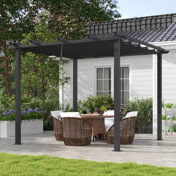 3 x 3(m) Pergola with Retractable Roof, Aluminium Frame Garden Gazebo Canopy Outdoor Sun Shade Shelter for Grill, Patio, Deck, Dark Grey