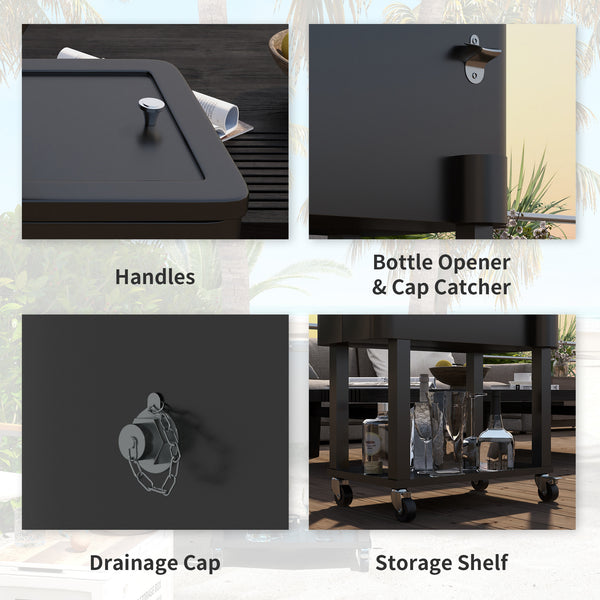 60 Quart Rolling Patio Cooler Cart, Portable Outdoor Cooler with Locking Wheels, Storage Shelf, Steel Bottle Opener, Ice Chest for Patio Backyard Party BBQ, Black