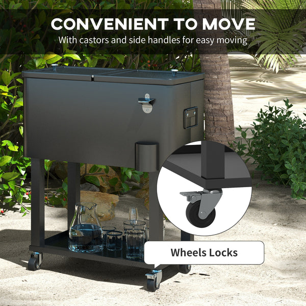 60 Quart Rolling Patio Cooler Cart, Portable Outdoor Cooler with Locking Wheels, Storage Shelf, Steel Bottle Opener, Ice Chest for Patio Backyard Party BBQ, Black