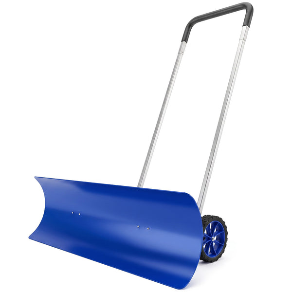 37-Inch Extra Wide Snow Shovel with Wheels, Heavy Duty Aluminum Snow Pusher with Ergonomic Adjustable Handle, Angled Blade and Non-Slip Grip for Driveway, Sidewalks, Garden, Deck, Blue