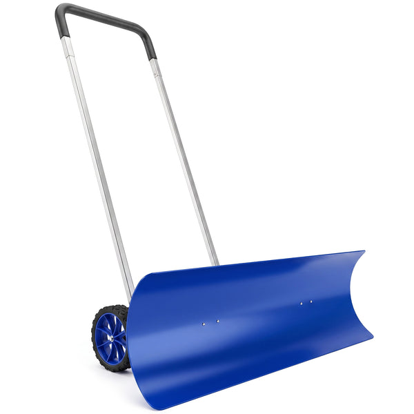 37-Inch Extra Wide Snow Shovel with Wheels, Heavy Duty Aluminum Snow Pusher with Ergonomic Adjustable Handle, Angled Blade and Non-Slip Grip for Driveway, Sidewalks, Garden, Deck, Blue
