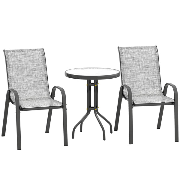 Outsunny 3 Pieces Outdoor Bistro Set, Small Patio Set with Stackable Mesh Chairs and Glass Top Table, High Back Patio Furniture Set for Backyard, Balcony, Garden, Gray