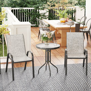 Outsunny 3 Pieces Outdoor Bistro Set, Small Patio Set with Stackable Mesh Chairs and Glass Top Table, High Back Patio Furniture Set for Backyard, Balcony, Garden, Gray