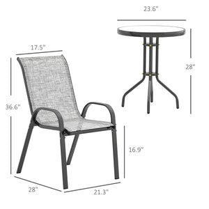 Outsunny 3 Pieces Outdoor Bistro Set, Small Patio Set with Stackable Mesh Chairs and Glass Top Table, High Back Patio Furniture Set for Backyard, Balcony, Garden, Gray