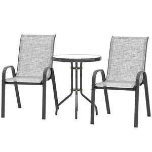 Outsunny 3 Pieces Outdoor Bistro Set, Small Patio Set with Stackable Mesh Chairs and Glass Top Table, High Back Patio Furniture Set for Backyard, Balcony, Garden, Gray