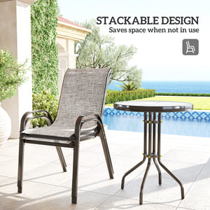 Outsunny 3 Pieces Outdoor Bistro Set, Small Patio Set with Stackable Mesh Chairs and Glass Top Table, High Back Patio Furniture Set for Backyard, Balcony, Garden, Gray