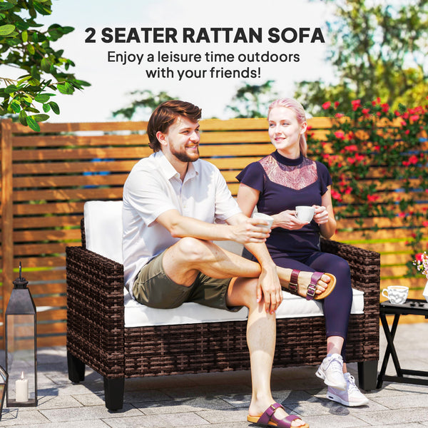 2 Seater Rattan Sofa with Cushions, Wicker Garden Loveseat with Armrests, Outdoor Garden Sofa Couch with Steel Frame for Balcony, Porch, Brown