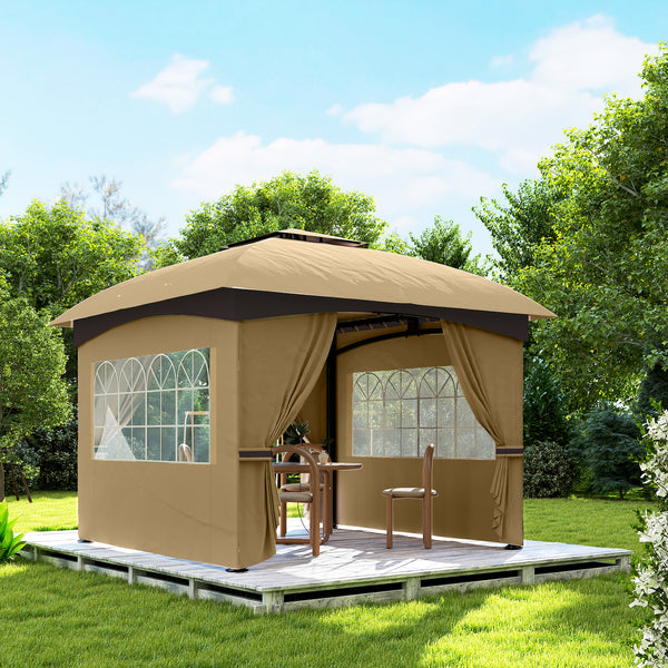 Outsunny 11' x 11' Outdoor Gazebo, Arc Patio Gazebo Canopy Shelter, UV Protected, with Curtains, Church Windows, Double Roof, Galvanized Steel Frame for Lawn, Backyard and Deck, Beige