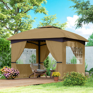 Outsunny 11' x 11' Outdoor Gazebo, Arc Patio Gazebo Canopy Shelter, UV Protected, with Curtains, Church Windows, Double Roof, Galvanized Steel Frame for Lawn, Backyard and Deck, Beige