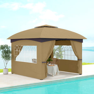 Outsunny 11' x 11' Outdoor Gazebo, Arc Patio Gazebo Canopy Shelter, UV Protected, with Curtains, Church Windows, Double Roof, Galvanized Steel Frame for Lawn, Backyard and Deck, Beige