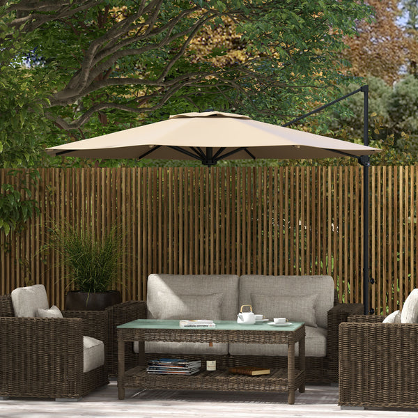 10 FT Cantilever Patio Umbrella, Round Hanging Offset Umbrella with 360°Rotation, Crank, Tilt, Cross Base, 8 Ribs, Air Vent, Outdoor Umbrella for Garden, Backyard, Khaki