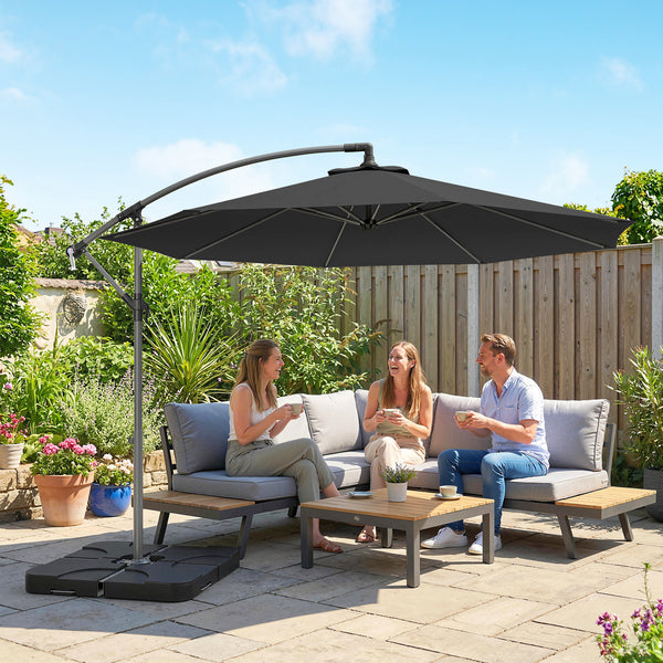 3 m Cantilever Parasol with Umbrella Weights, Cross Base, Offset Outdoor Umbrella with Protective Cover, Crank Handle, Hanging Sun Shade, Black