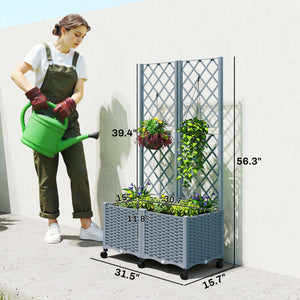 Planter Box with Trellis, Self Watering Raised Garden Bed with Lockable Wheels, 56.3" Trellis Privacy Planter with Drainage Holes for Climbing Plants, Vines, Vegetables, Flowers, Gray