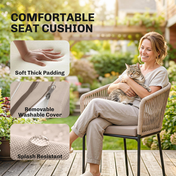 Garden Chairs Set of 2, Rattan Garden Dining Chairs with String Back and Armrests, Metal Frame Outdoor Chair Set with Cushion for Patio, Balcony, Terrace, Natural Wood Finish