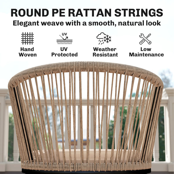 Garden Chairs Set of 2, Rattan Garden Dining Chairs with String Back and Armrests, Metal Frame Outdoor Chair Set with Cushion for Patio, Balcony, Terrace, Natural Wood Finish