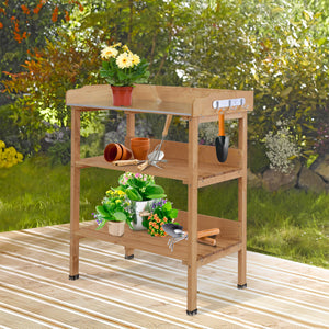 Outdoor Potting Bench, Wooden Potting Table with Storage Shelf, Metal Table Top, Hooks for Backyard, Patio, Balcony, Natural