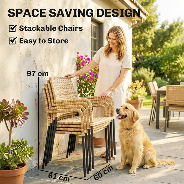 4 Seater Rattan Dining Set with Parasol, 6 Piece Garden Table and Stackable Chairs with Tempered Glass Tabletop, All-Weather Outdoor Rattan Furniture Set for Patio, Light Brown