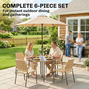 4 Seater Rattan Dining Set with Parasol, 6 Piece Garden Table and Stackable Chairs with Tempered Glass Tabletop, All-Weather Outdoor Rattan Furniture Set for Patio, Light Brown
