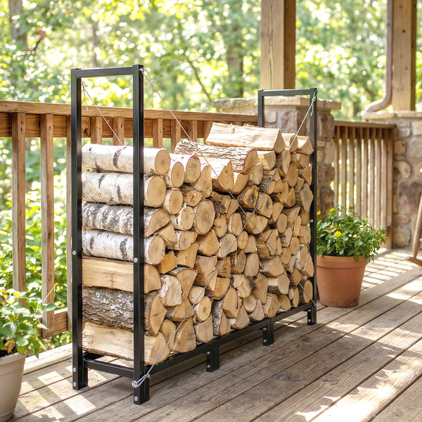 4 ft Firewood Rack with Customisable Width & Height, Cable Reinforcement, 616 lb Capacity Heavy Duty Galvanized Steel Log Store Indoors, Log Storage Holder, Black