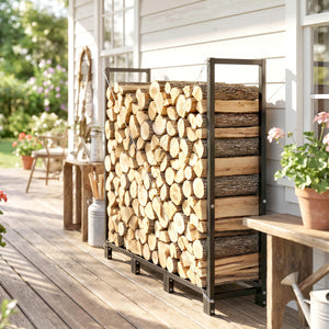 4 ft Firewood Rack with Customisable Width & Height, Cable Reinforcement, 616 lb Capacity Heavy Duty Galvanized Steel Log Store Indoors, Log Storage Holder, Black