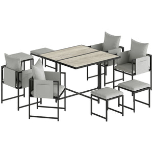 9 Piece Garden Dining Set, Cube Outdoor Garden Furniture Set with Cushions, 8 Seater Garden Table and Chairs with 4 Stools, Square Plastic Top Table, Side Pockets for Conservatory, Dark Grey