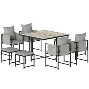 9 Piece Garden Dining Set, Cube Outdoor Garden Furniture Set with Cushions, 8 Seater Garden Table and Chairs with 4 Stools, Square Plastic Top Table, Side Pockets for Conservatory, Dark Grey