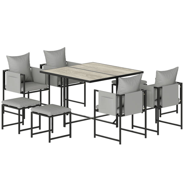 9 Piece Garden Dining Set, Cube Outdoor Garden Furniture Set with Cushions, 8 Seater Garden Table and Chairs with 4 Stools, Square Plastic Top Table, Side Pockets for Conservatory, Dark Grey