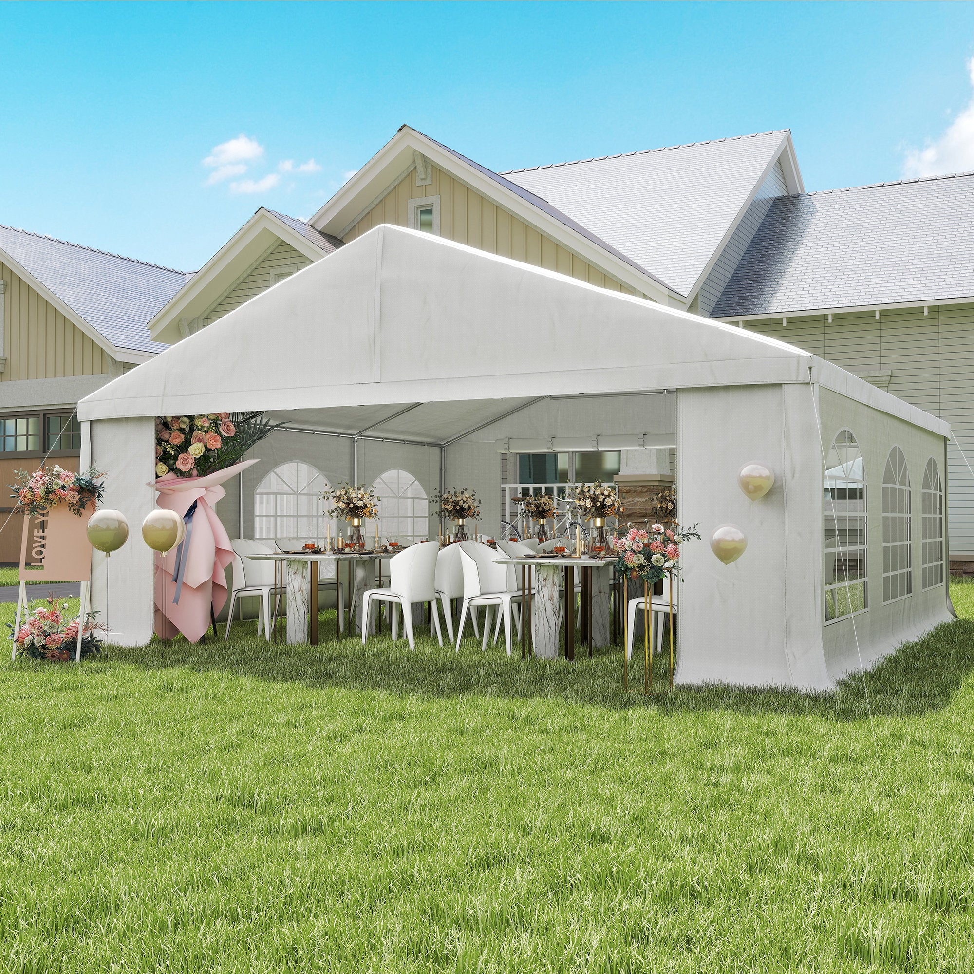 large canopy tent Outsunny 20' x 20' Heavy-duty Large Wedding Tent, Outdoor Carport Garage Party Tent, Patio Gazebo Canopy with Sidewall, White