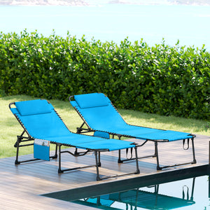 2 Piece Folding Chaise Lounge with 5-level Reclining Back, Tanning Chair with Face Hole, Outdoor Lounge Chair with Side Pocket & Headrest for Beach, Yard, Patio, Blue