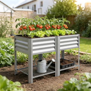 Galvanized Steel Raised Garden Bed, Elevated Planter Box with Legs and Storage Shelf, Raised Planter for Vegetables, Flowers, Herbs, for Outdoor, Patio, Yard, Silver