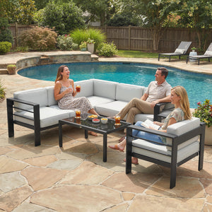 5-Piece Garden Corner Sofa Set with Cushions, 6 Seater Aluminium Garden Furniture Set with Glass Top Coffee Table, Patio Sectional Conservatory Furniture for Patio & Terrace, Light Grey