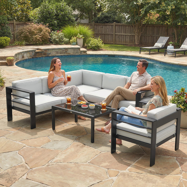 5-Piece Garden Corner Sofa Set with Cushions, 6 Seater Aluminium Garden Furniture Set with Glass Top Coffee Table, Patio Sectional Conservatory Furniture for Patio & Terrace, Light Grey