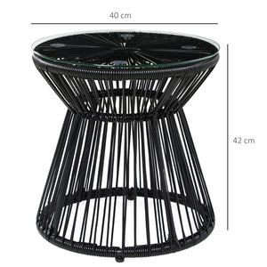 Outdoor Coffee Table, Round PE Rattan Side Table with Tempered Glass Table Top, Hollow Drum Design for Garden, Balcony, Patio, Black