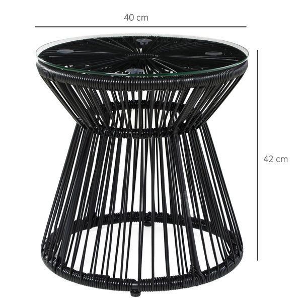 Outdoor Coffee Table, Round PE Rattan Side Table with Tempered Glass Table Top, Hollow Drum Design for Garden, Balcony, Patio, Black